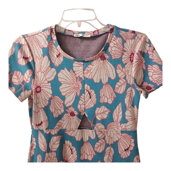 Zara Blue Pink Floral Mini Dress Bodycon Peep Size Medium - Picture 5 of 5